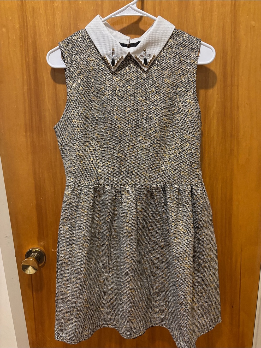 Molly Bracken Gray Tweed Mini Dress with White Embellished Collar